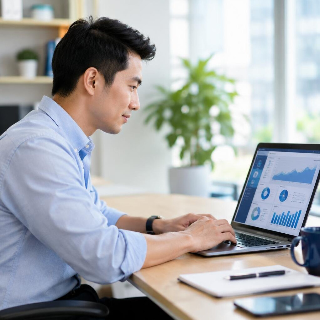 Malaysian insurance analyst reviewing data on a laptop in a modern office