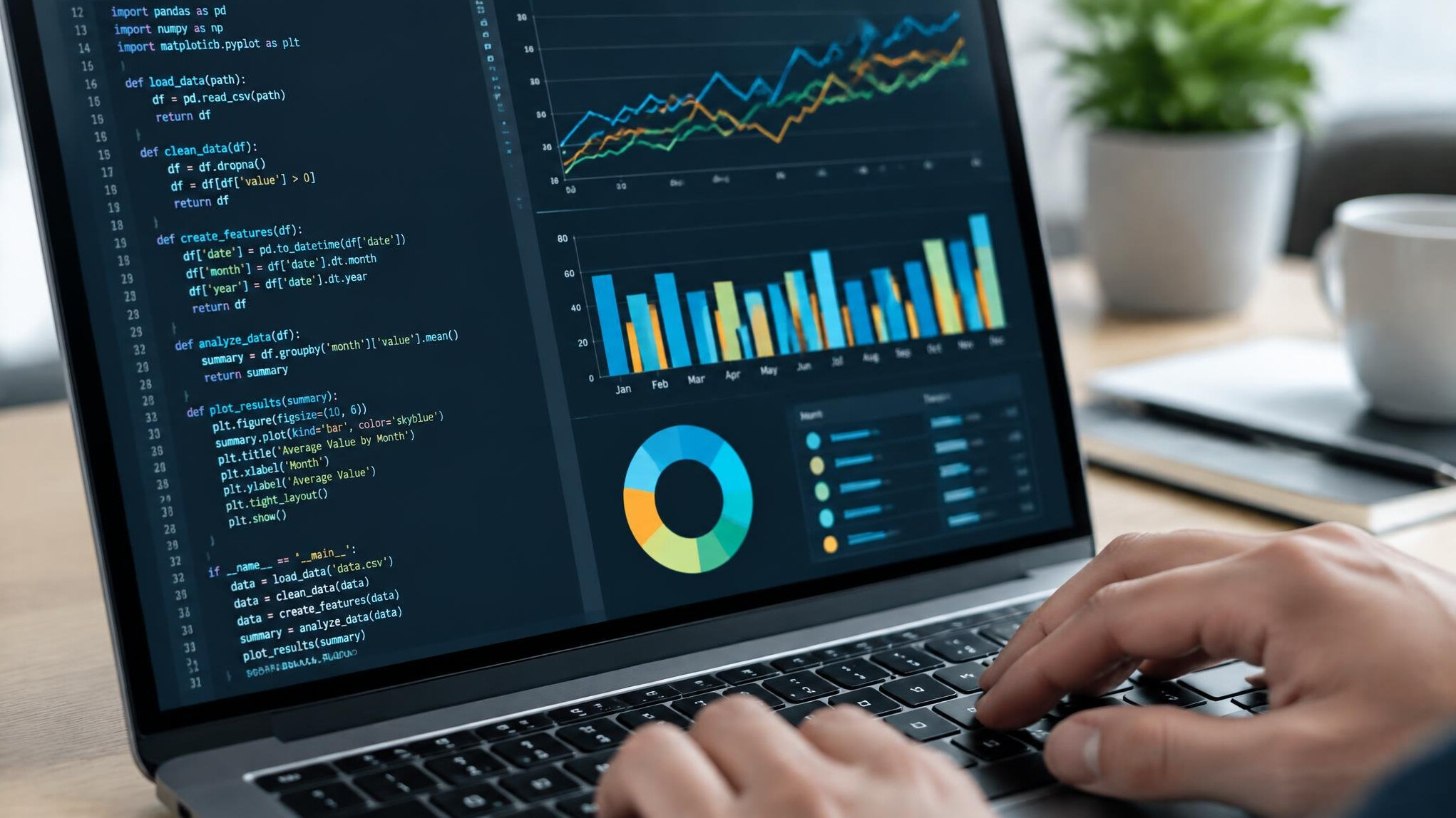 Close-up of a laptop screen showing software code and data charts